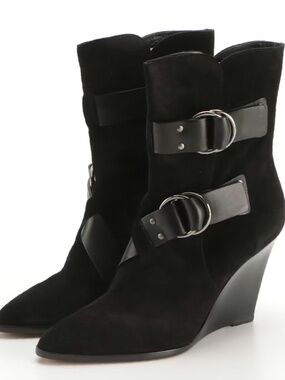 Givenchy Black Suede Ankle Bootie Pointed Toe Wedge Double Buckle EU 38